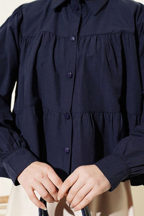 Layered Detail Gathered Shirt Navy Blue