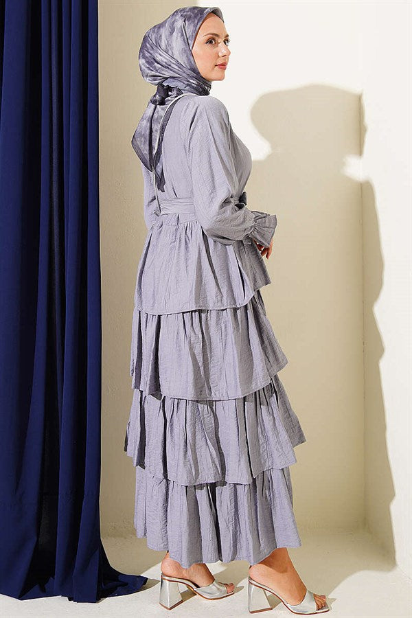 Layered Skirt Belted Dress Grey