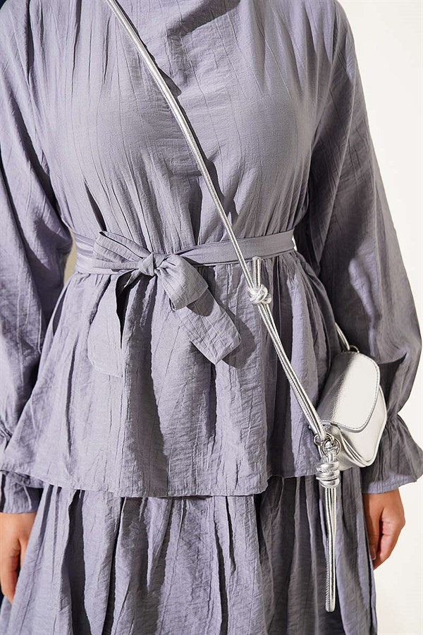 Layered Skirt Belted Dress Grey