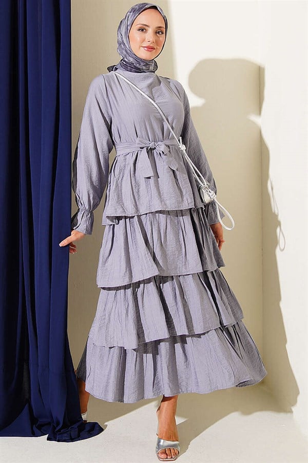 Layered Skirt Belted Dress Grey