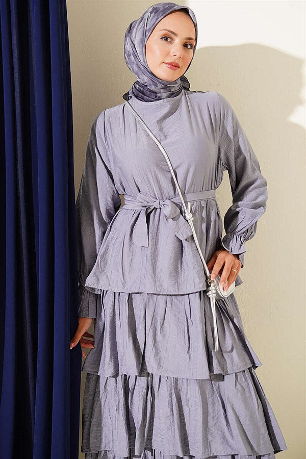 Layered Skirt Belted Dress Grey