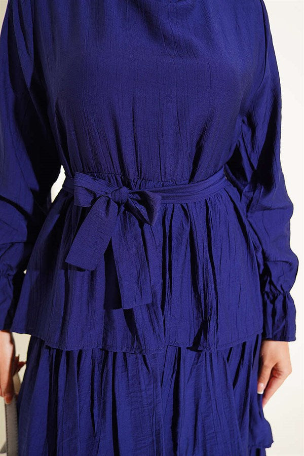 Layered Skirt Belted Dress Navy Blue