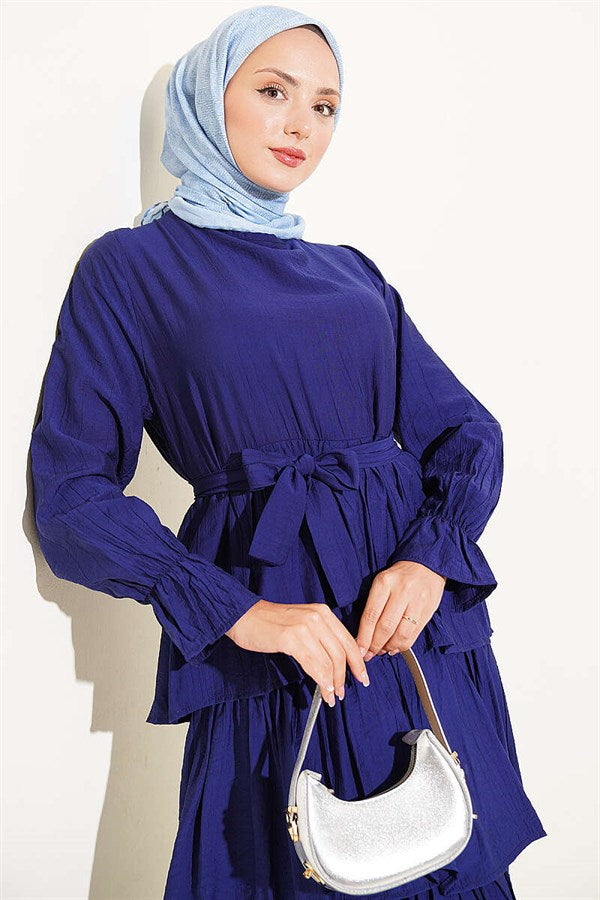 Layered Skirt Belted Dress Navy Blue
