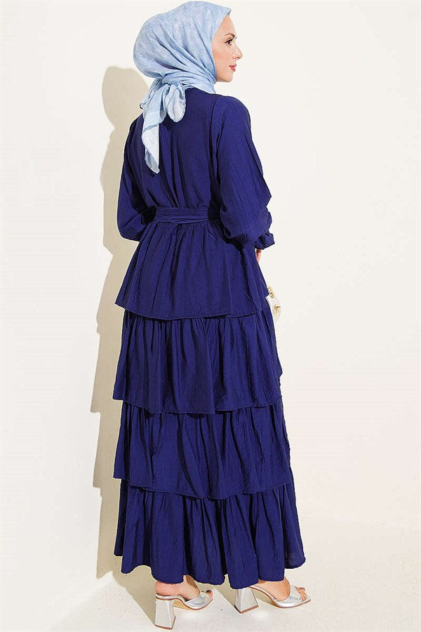 Layered Skirt Belted Dress Navy Blue