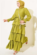 Layered Skirt Belted Dress in Olive Green