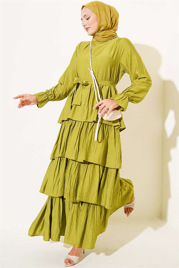 Layered Skirt Belted Dress in Olive Green