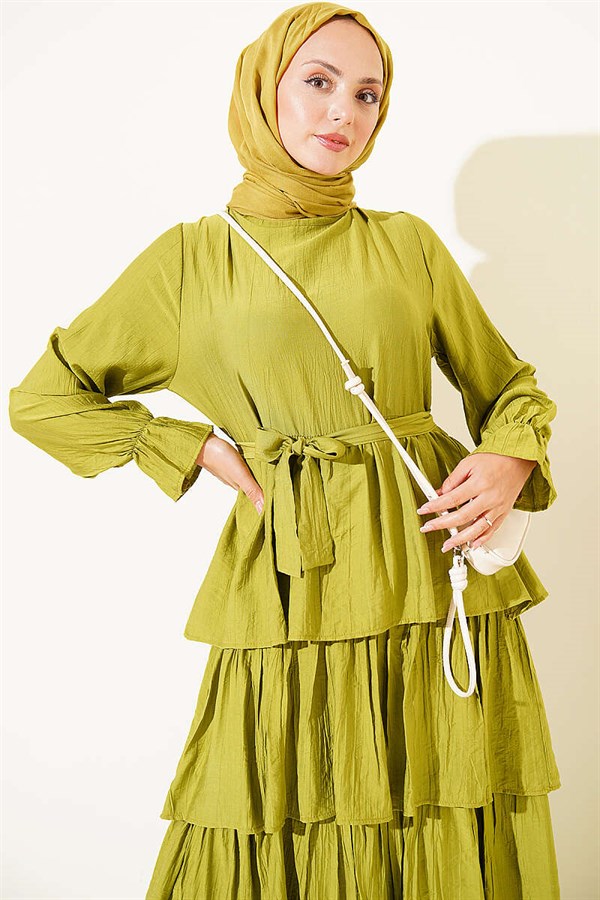 Layered Skirt Belted Dress in Olive Green