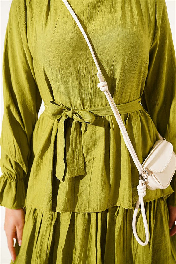 Layered Skirt Belted Dress in Olive Green