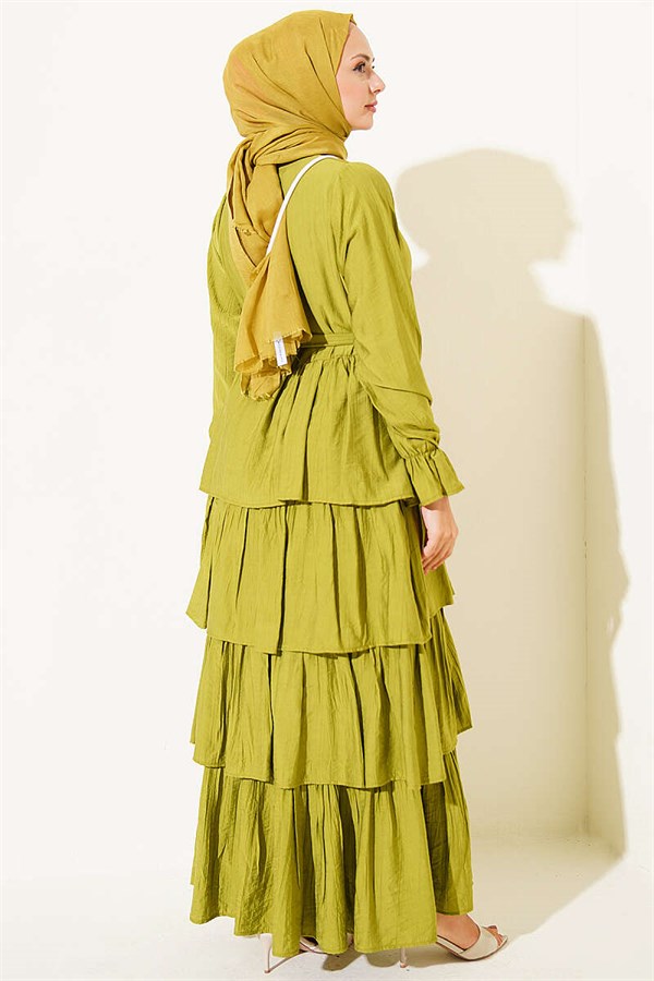 Layered Skirt Belted Dress in Olive Green