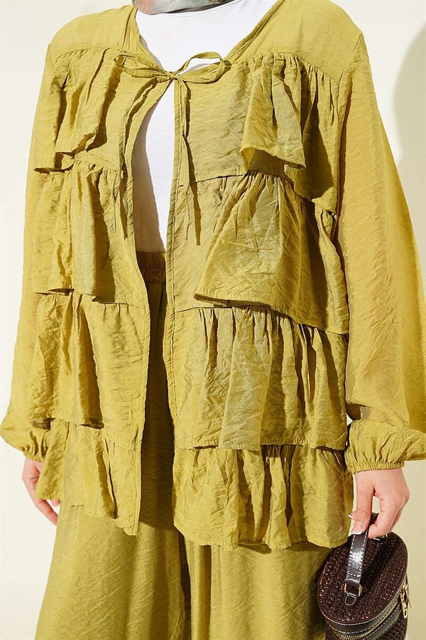 Layered Ruffled 2 Piece Set with Drawstring, Olive Green