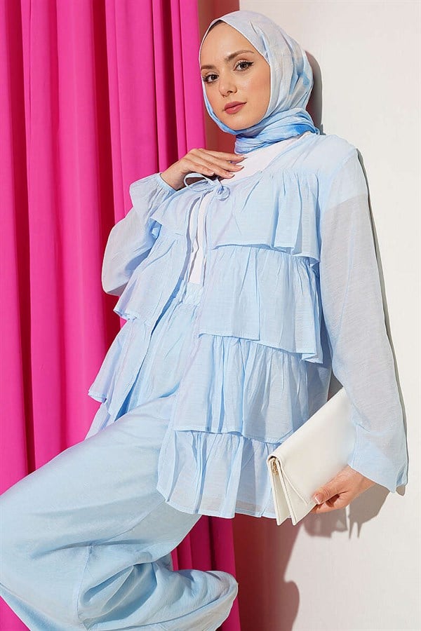 Layered Ruffled 2 Piece Set with Drawstring, Baby Blue