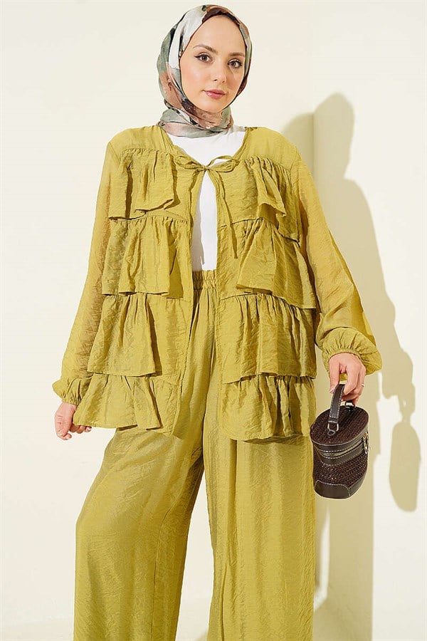 Layered Ruffled 2 Piece Set with Drawstring, Olive Green