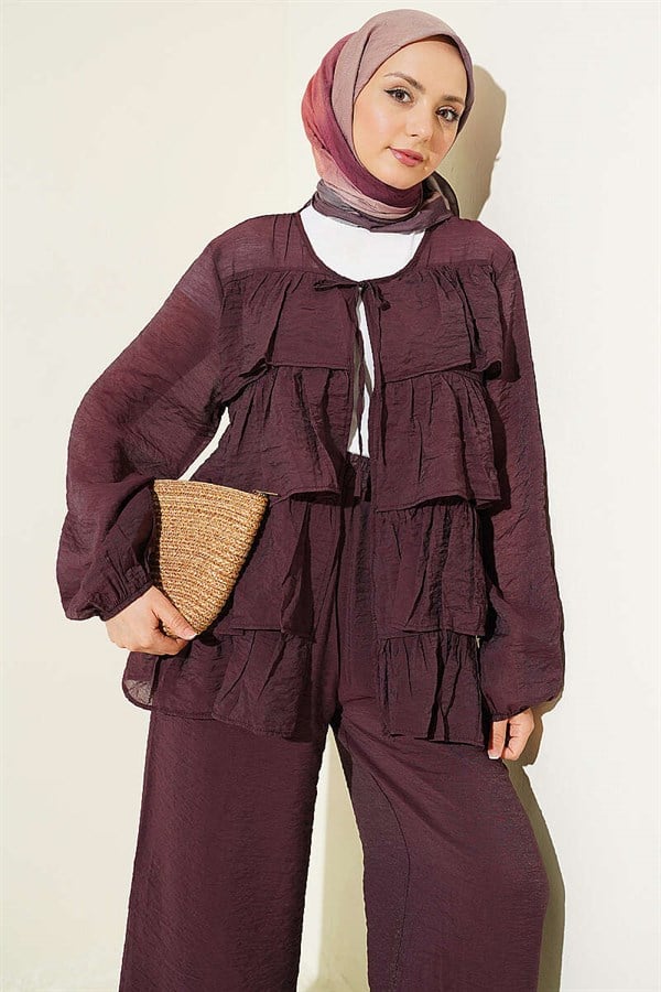 Layered Ruffled 2 Piece Set with Drawstring, Plum