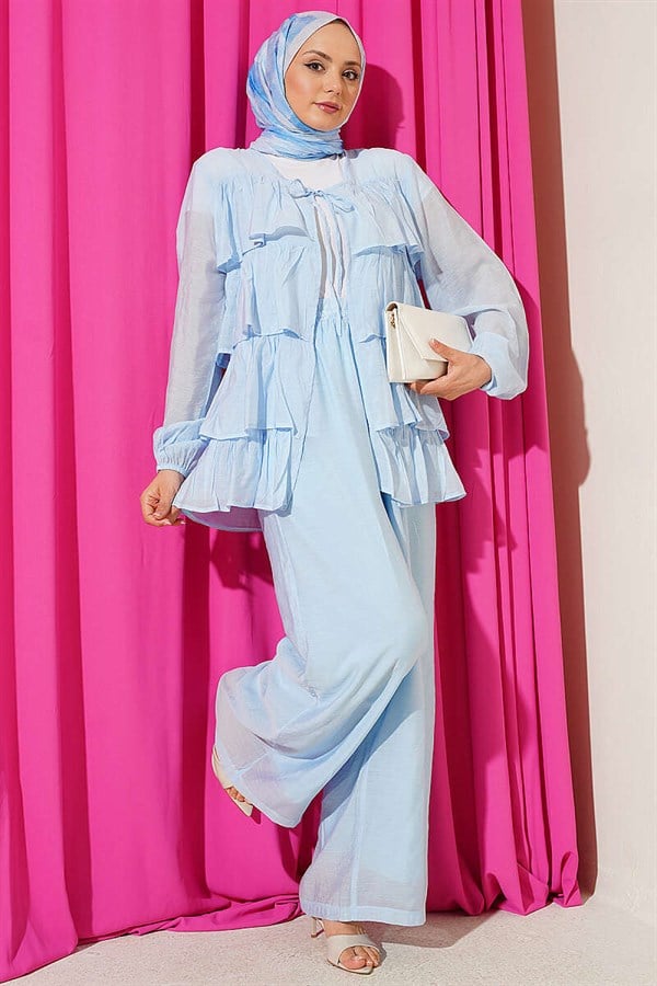 Layered Ruffled 2 Piece Set with Drawstring, Baby Blue