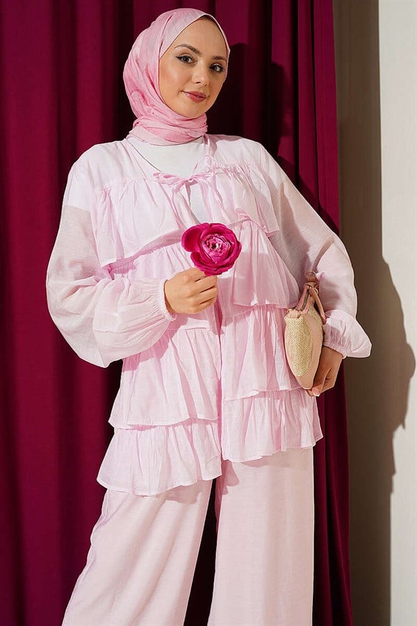 Layered Ruffled 2 Piece Set with Laces, Pink