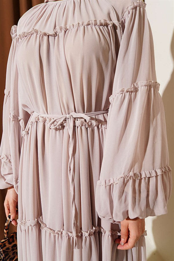 Layered Ruffled Chiffon Dress, Beige