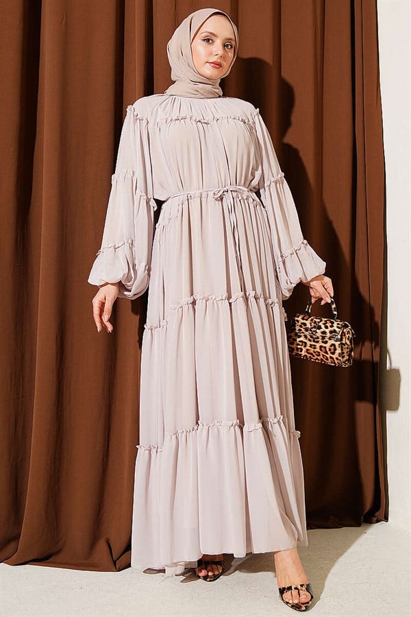 Layered Ruffled Chiffon Dress, Beige