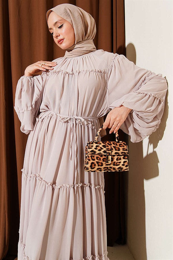 Layered Ruffled Chiffon Dress, Beige