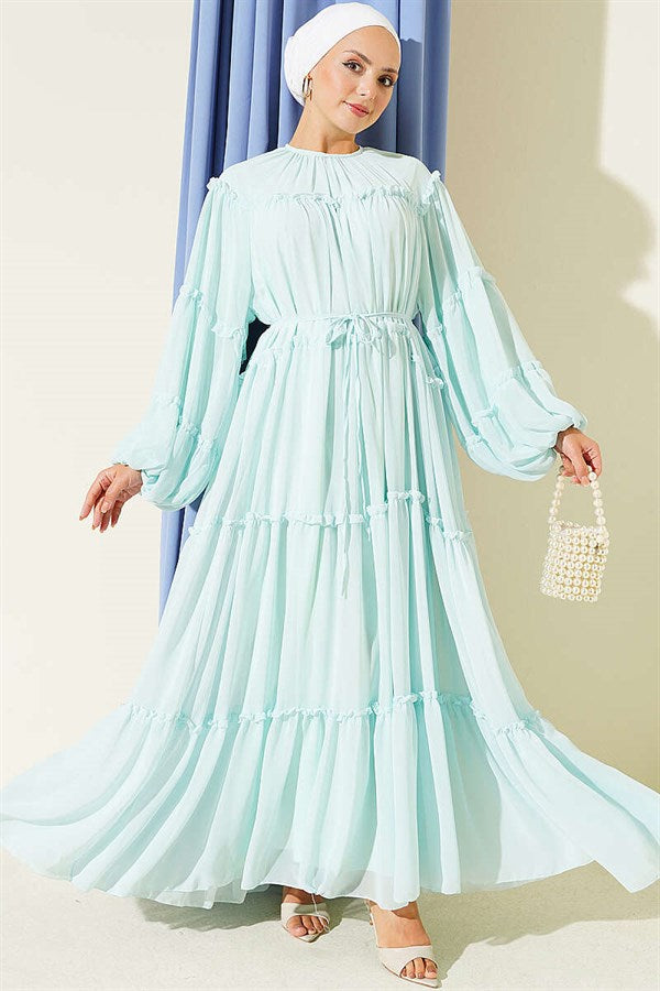Layered Ruffled Chiffon Dress, Mint