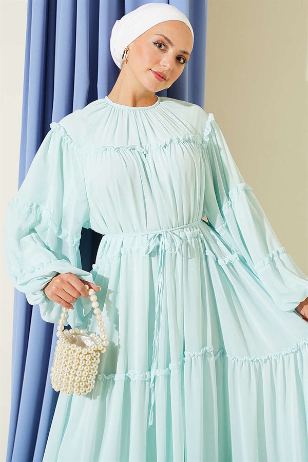 Layered Ruffled Chiffon Dress, Mint