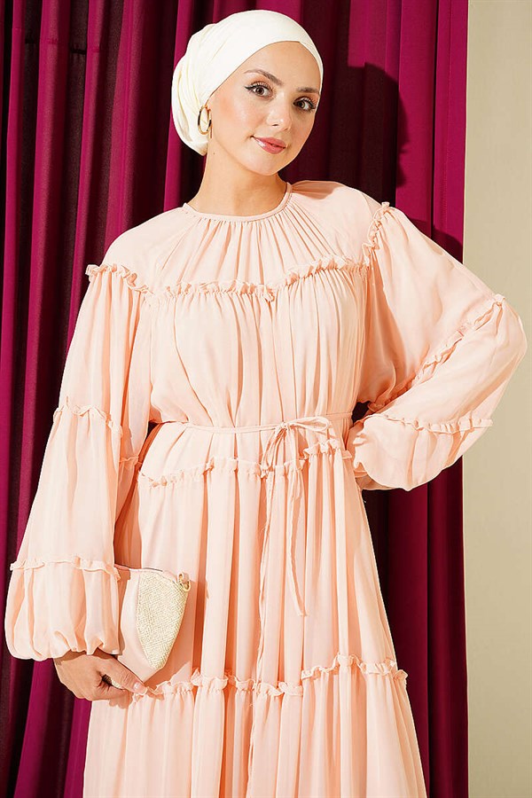 Layered Ruffled Chiffon Dress Salmon