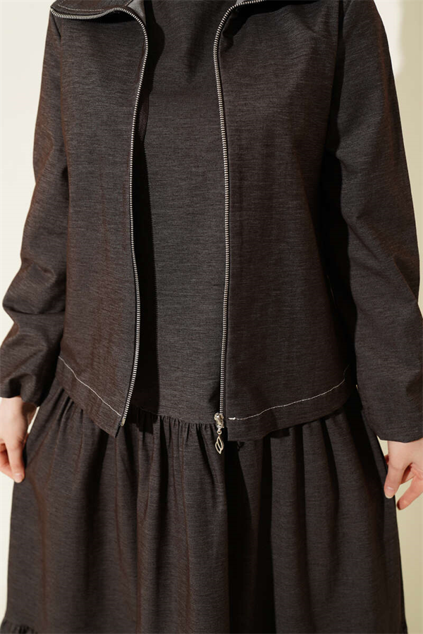 Layered Denim 2 Piece Set with Vest, Dark Brown