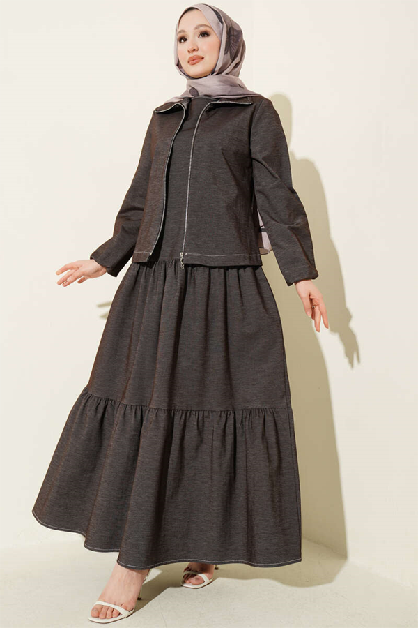 Layered Denim 2 Piece Set with Vest, Dark Brown