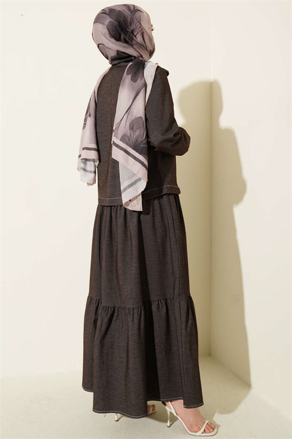 Layered Denim 2 Piece Set with Vest, Dark Brown