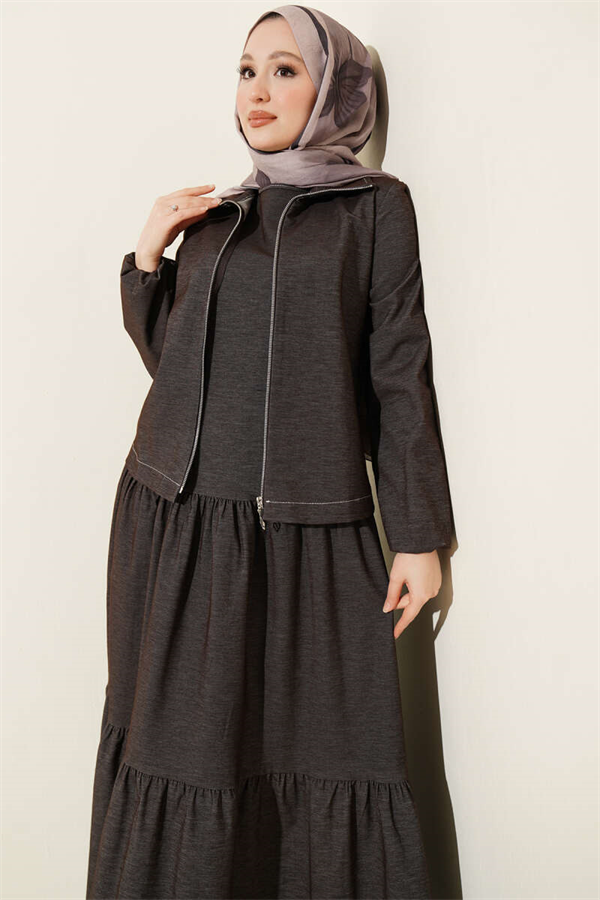 Layered Denim 2 Piece Set with Vest, Dark Brown