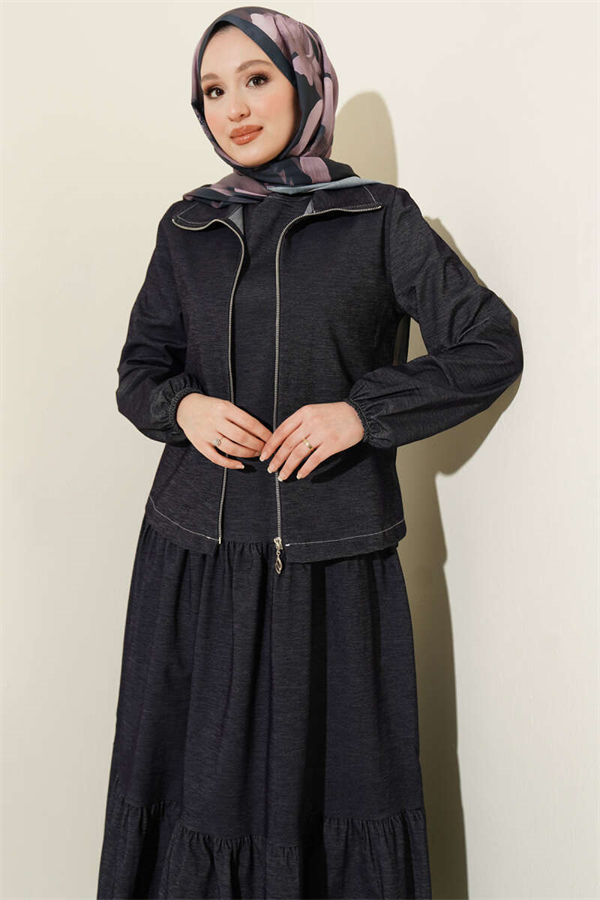 Layered Denim 2 Piece Set with Vest, Navy Blue