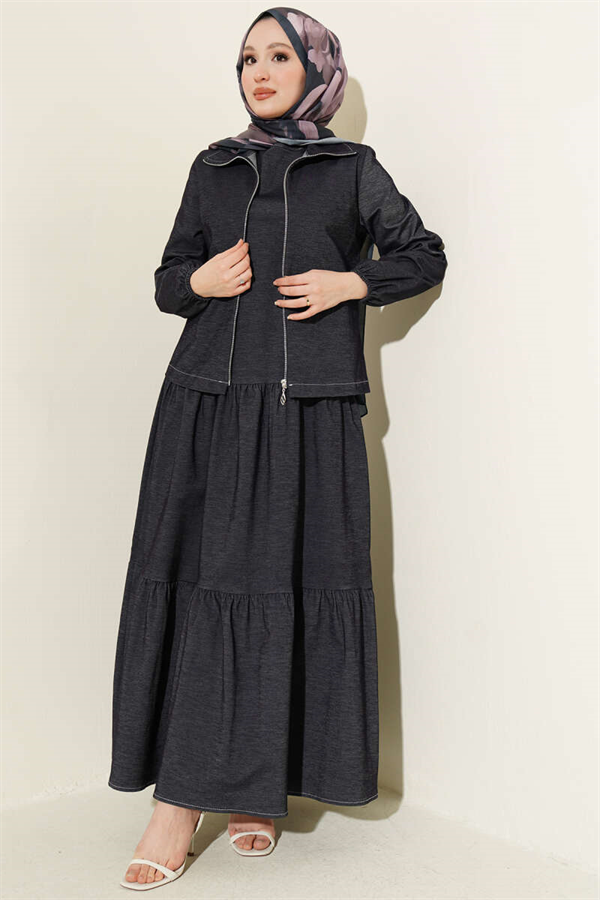 Layered Denim 2 Piece Set with Vest, Navy Blue
