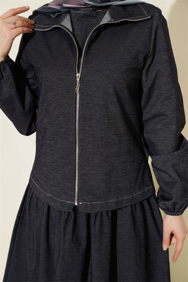 Layered Denim 2 Piece Set with Vest, Navy Blue