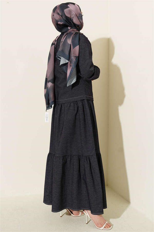 Layered Denim 2 Piece Set with Vest, Navy Blue
