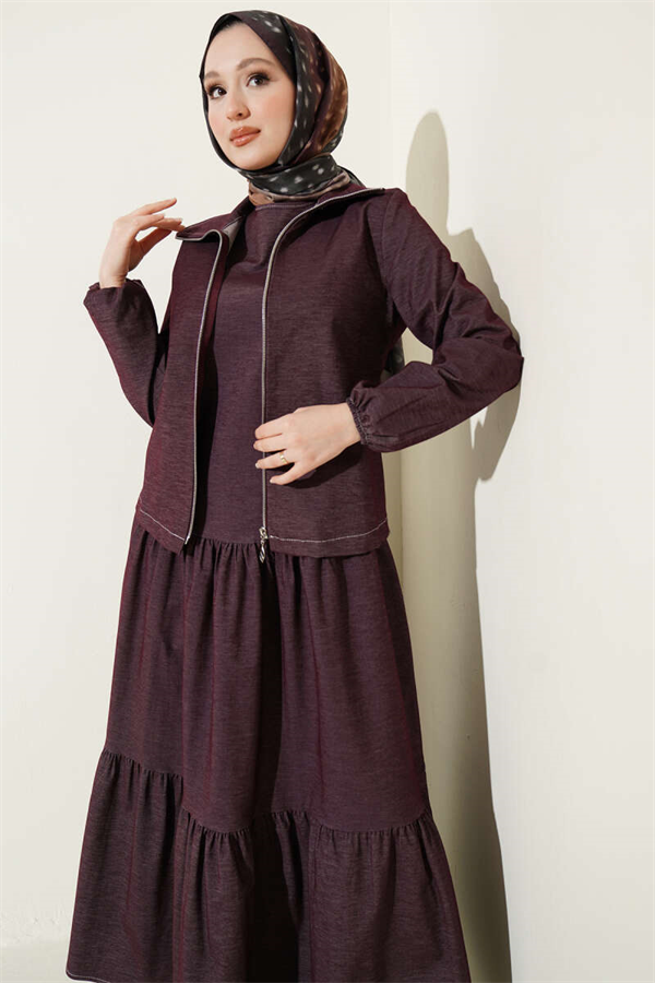 Layered Denim 2 Piece Set with Vest, Plum