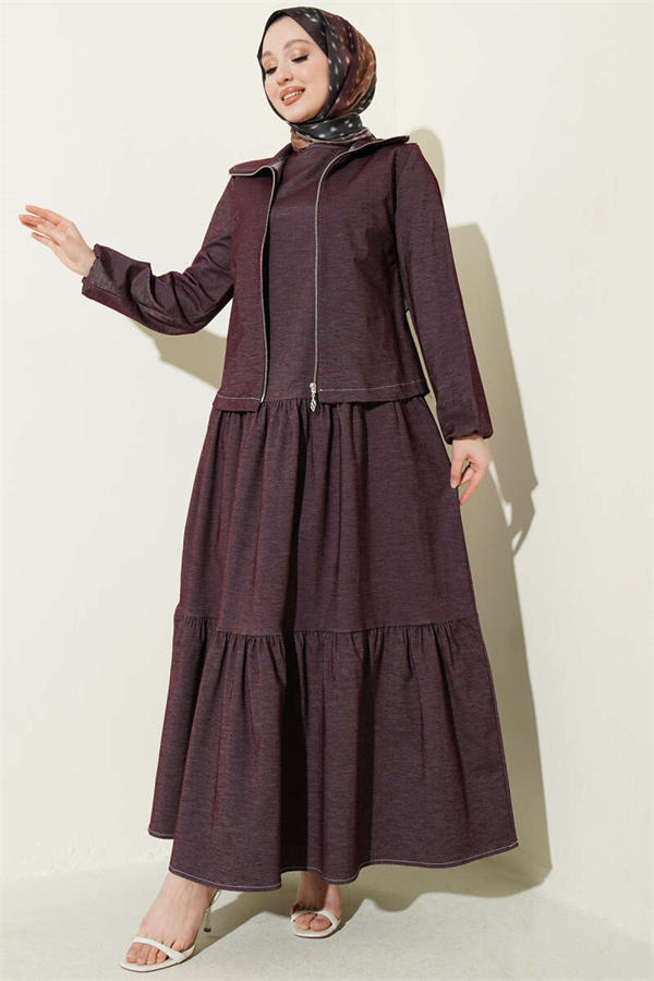 Layered Denim 2 Piece Set with Vest, Plum