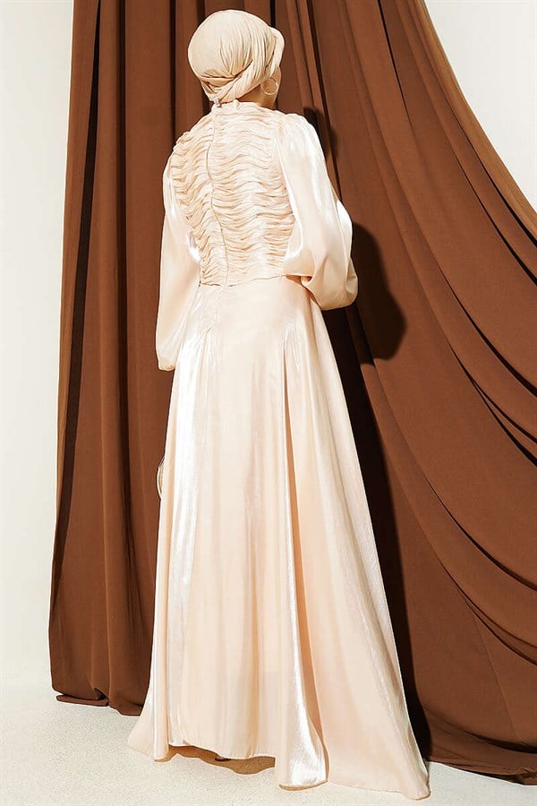 Layered Corset-Look Evening Dress, Beige
