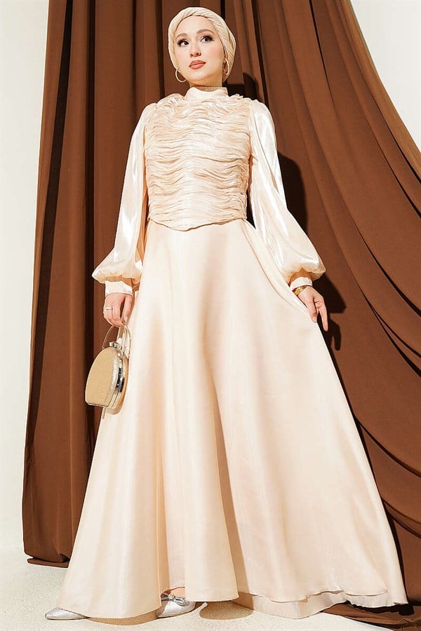 Layered Corset-Look Evening Dress, Beige