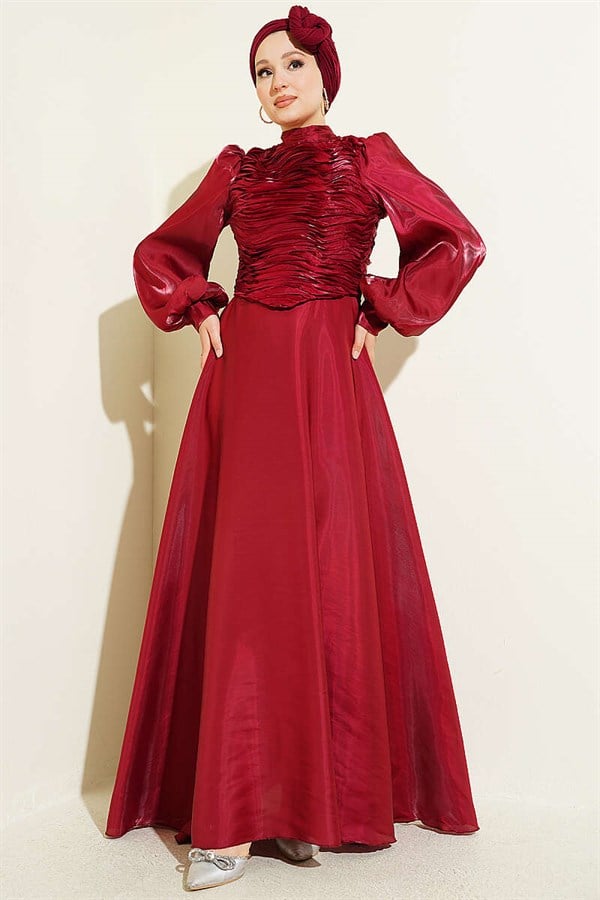 Layered Corset-Look Evening Dress in Burgundy