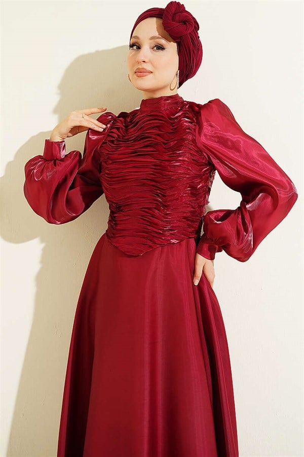 Layered Corset-Look Evening Dress in Burgundy