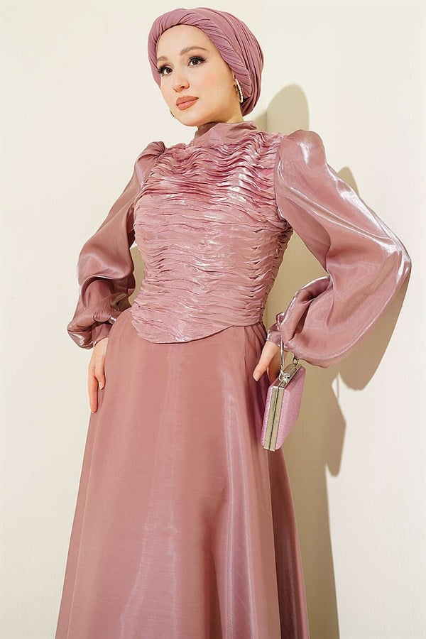 Layered Corset-Look Evening Dress, Rose Pink