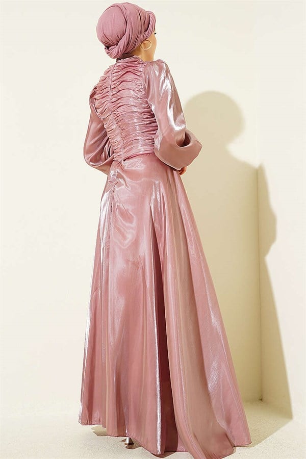 Layered Corset-Look Evening Dress, Rose Pink