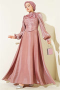 Layered Corset-Look Evening Dress, Rose Pink