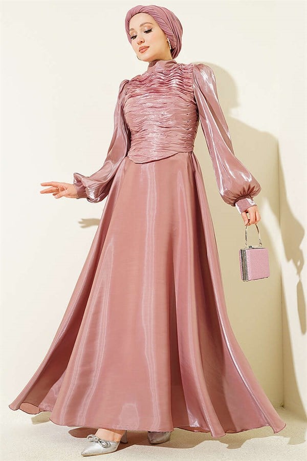 Layered Corset-Look Evening Dress, Rose Pink