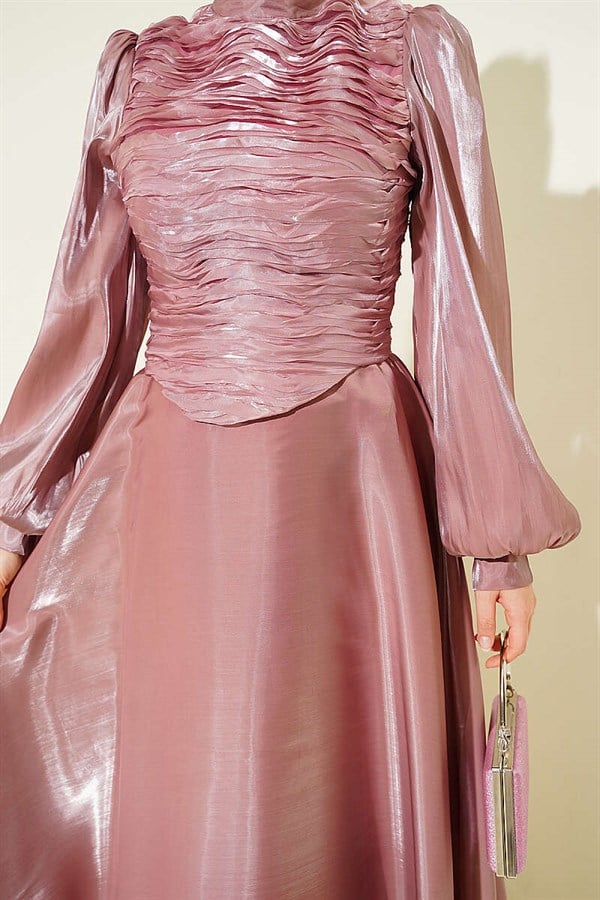 Layered Corset-Look Evening Dress, Rose Pink
