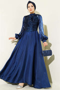 Layered Corset-Look Evening Dress, Navy Blue