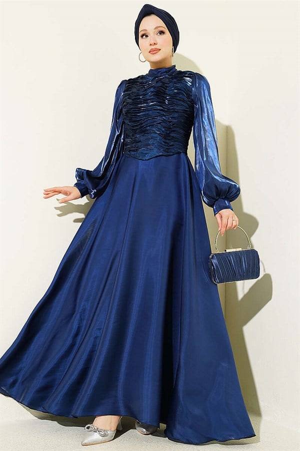 Layered Corset-Look Evening Dress, Navy Blue