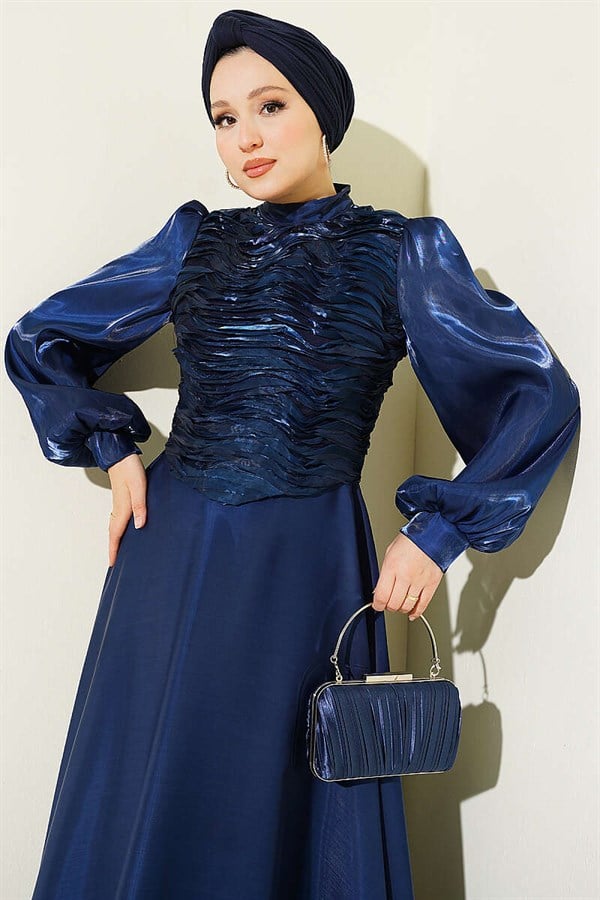 Layered Corset-Look Evening Dress, Navy Blue