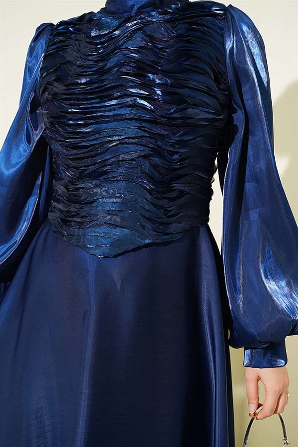 Layered Corset-Look Evening Dress, Navy Blue