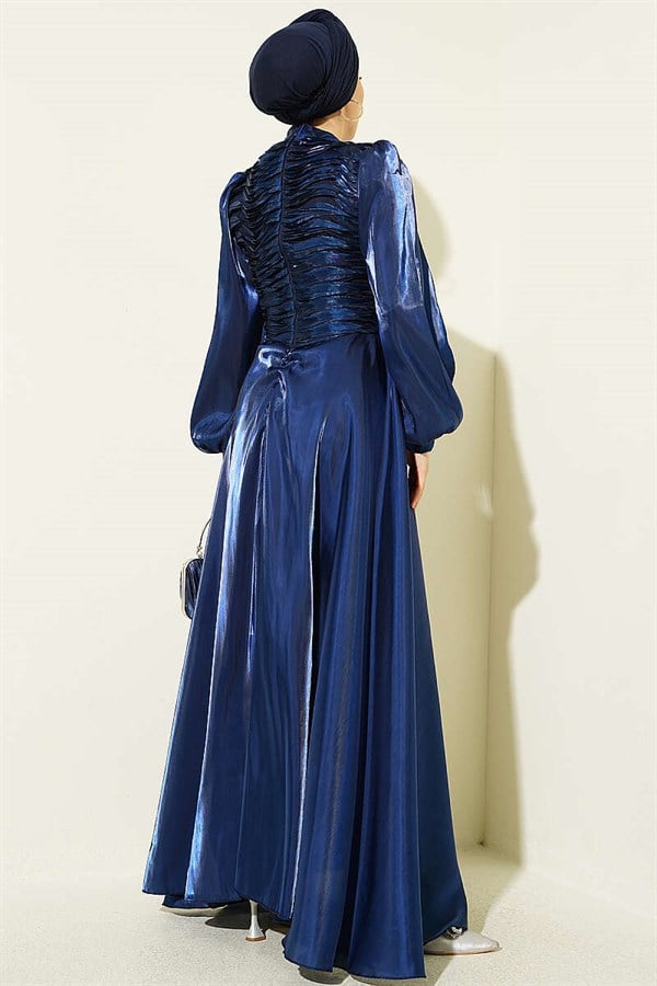 Layered Corset-Look Evening Dress, Navy Blue