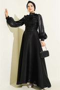 Layered Corset-Look Evening Dress, Black